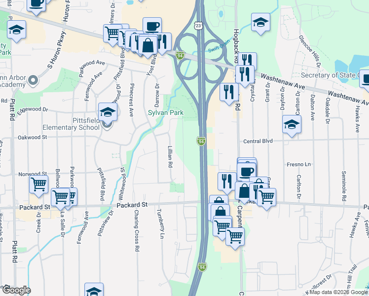 map of restaurants, bars, coffee shops, grocery stores, and more near 2805 Burton Road in Ann Arbor