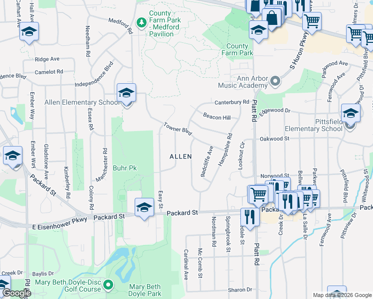 map of restaurants, bars, coffee shops, grocery stores, and more near 2702 Cranbrook Road in Ann Arbor