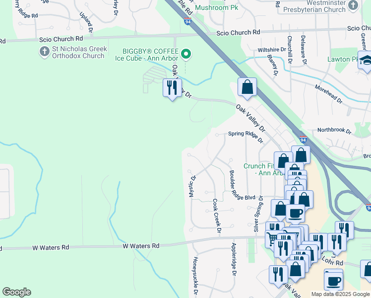 map of restaurants, bars, coffee shops, grocery stores, and more near 2567 Cook Creek Drive in Ann Arbor