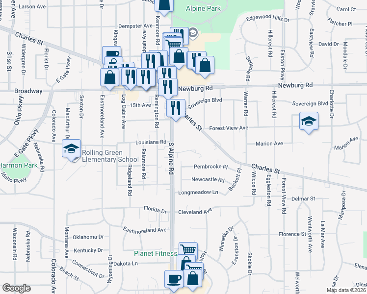 map of restaurants, bars, coffee shops, grocery stores, and more near 4520 Apple Orchard Lane in Rockford