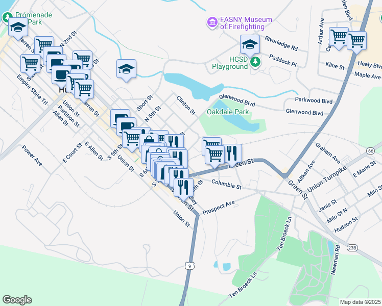 map of restaurants, bars, coffee shops, grocery stores, and more near 2-98 Railroad Ave in Hudson