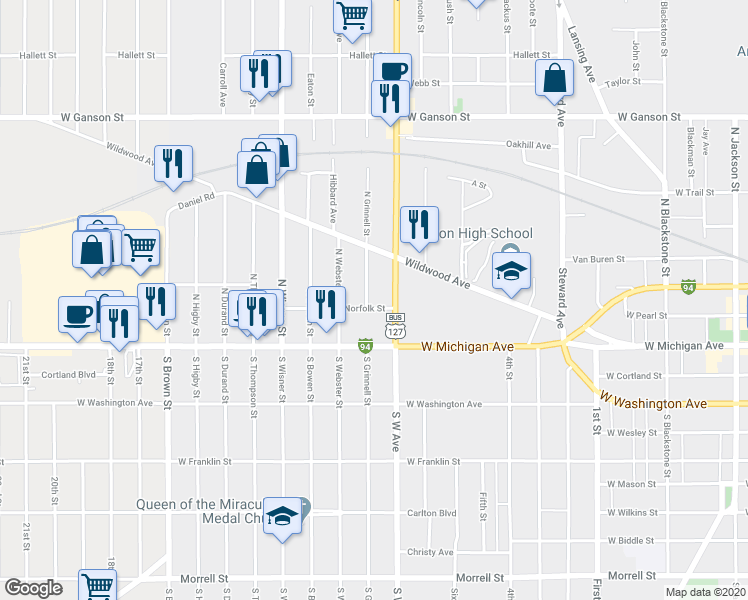 map of restaurants, bars, coffee shops, grocery stores, and more near 203 North Grinnell Street in Jackson