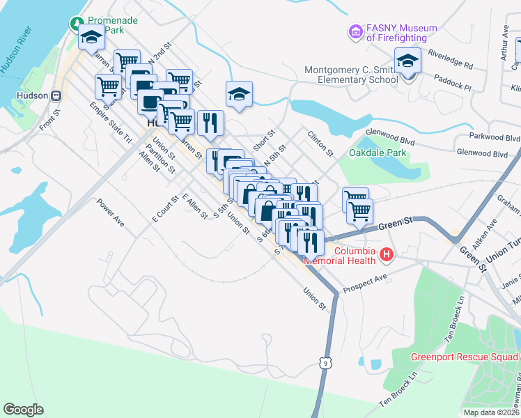 map of restaurants, bars, coffee shops, grocery stores, and more near 538 1/2 Warren Street in Hudson