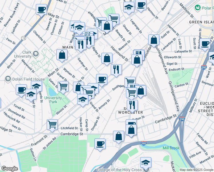 map of restaurants, bars, coffee shops, grocery stores, and more near in Worcester