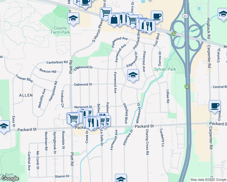 map of restaurants, bars, coffee shops, grocery stores, and more near 2652 Fernwood Avenue in Ann Arbor