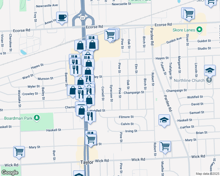 map of restaurants, bars, coffee shops, grocery stores, and more near 8104 Syracuse St in Taylor