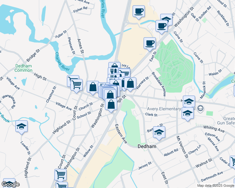 map of restaurants, bars, coffee shops, grocery stores, and more near 22 Harris Street in Dedham