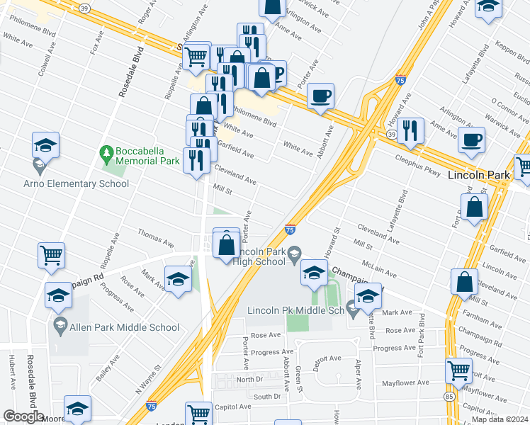 map of restaurants, bars, coffee shops, grocery stores, and more near 1763 Mill St in Lincoln Park