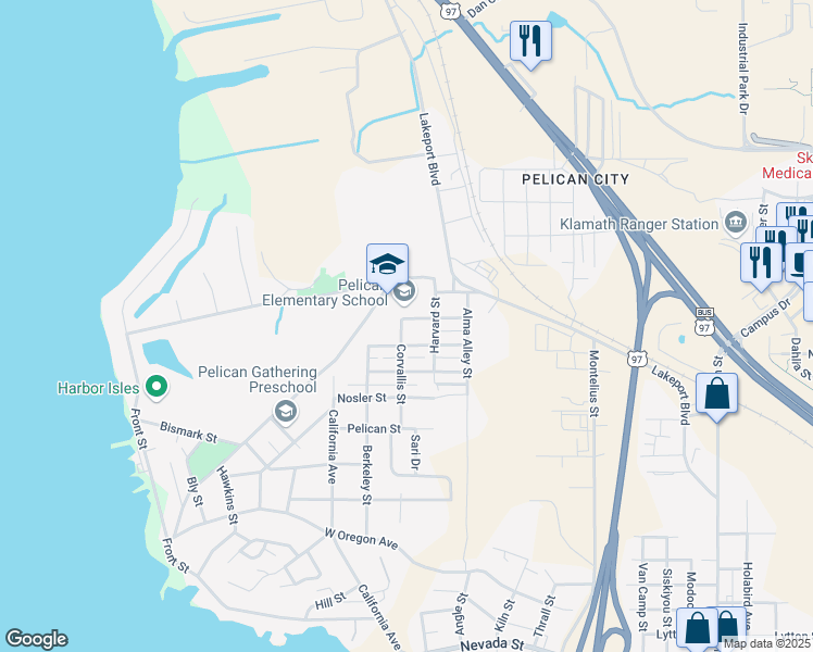 map of restaurants, bars, coffee shops, grocery stores, and more near 442 McLean Street in Klamath Falls