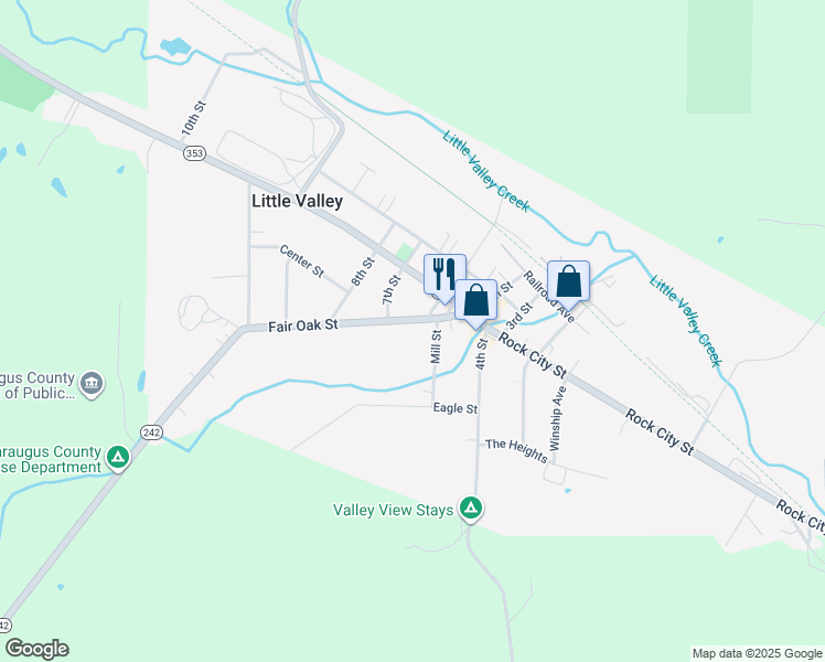 map of restaurants, bars, coffee shops, grocery stores, and more near 212 Fair Oak Street in Little Valley