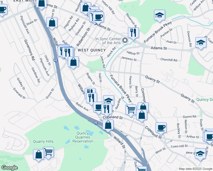map of restaurants, bars, coffee shops, grocery stores, and more near 50 Hall Place in Quincy