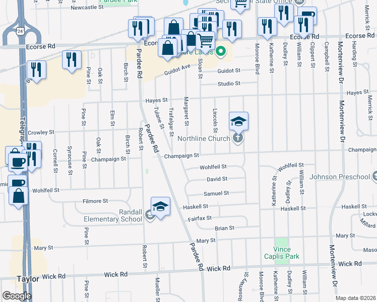 map of restaurants, bars, coffee shops, grocery stores, and more near 22460 Champaign Street in Taylor