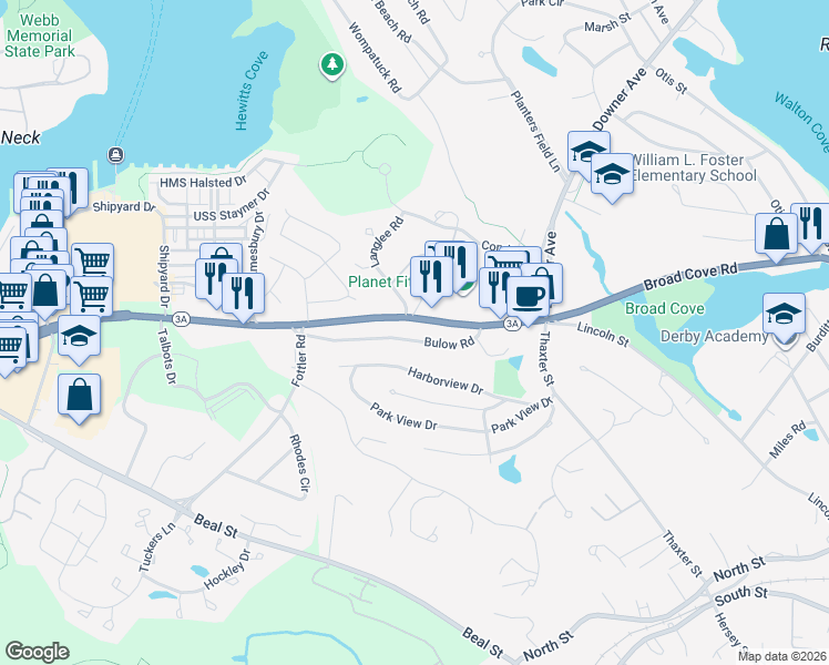 map of restaurants, bars, coffee shops, grocery stores, and more near 9 Bulow Road in Hingham