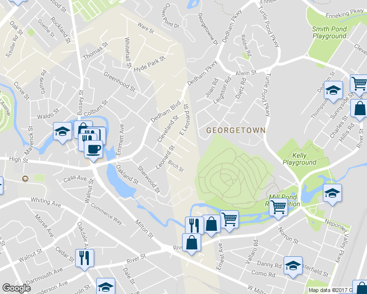 map of restaurants, bars, coffee shops, grocery stores, and more near 170 Harding Terrace in Dedham
