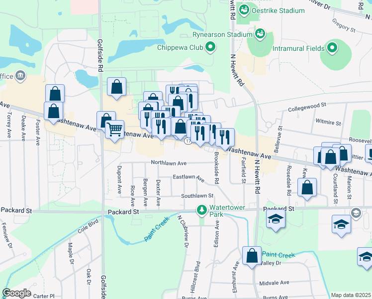 map of restaurants, bars, coffee shops, grocery stores, and more near 2663 Washtenaw Ave in Ypsilanti