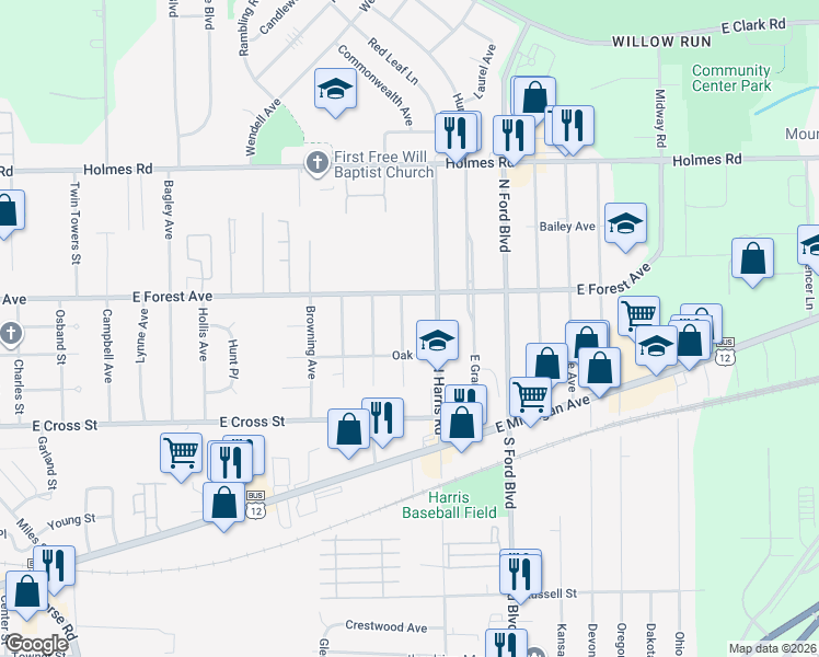 map of restaurants, bars, coffee shops, grocery stores, and more near 660 North Miami Avenue in Ypsilanti
