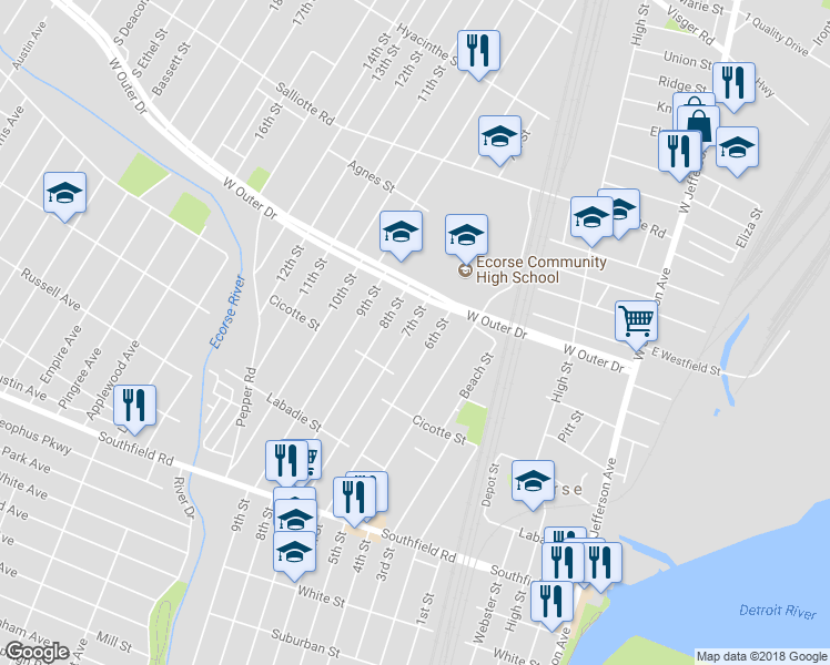 map of restaurants, bars, coffee shops, grocery stores, and more near 4249 7th Street in Ecorse