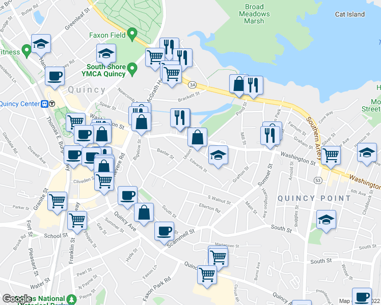 map of restaurants, bars, coffee shops, grocery stores, and more near 69 Union Street in Quincy