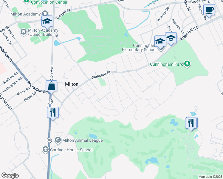 map of restaurants, bars, coffee shops, grocery stores, and more near 37 Dean Road in Milton