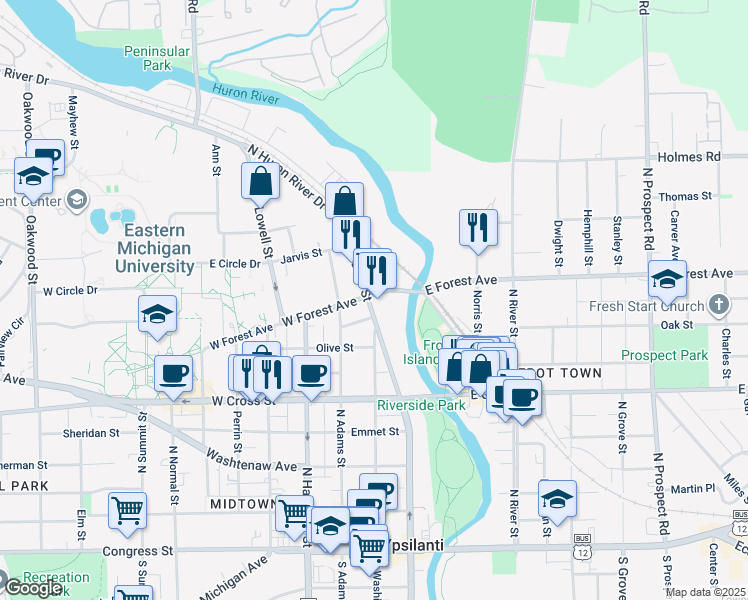 map of restaurants, bars, coffee shops, grocery stores, and more near 534 North Huron Street in Ypsilanti
