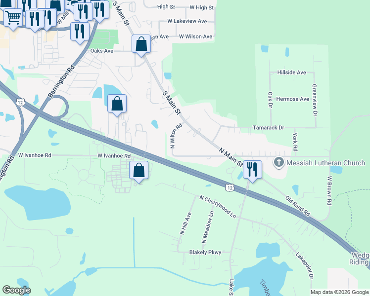 map of restaurants, bars, coffee shops, grocery stores, and more near 25624 West Ivanhoe Road in Wauconda