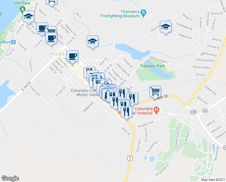 map of restaurants, bars, coffee shops, grocery stores, and more near 558 Columbia St in Hudson
