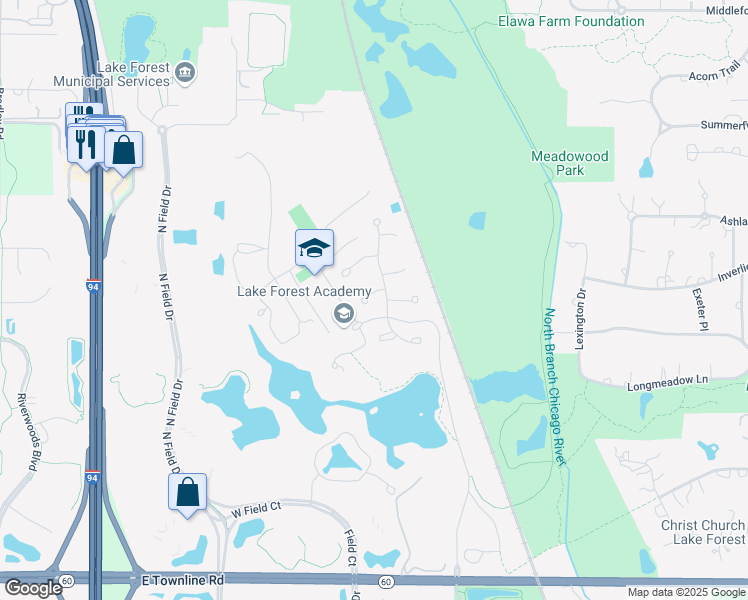 map of restaurants, bars, coffee shops, grocery stores, and more near 1741 Stanford Court in Lake Forest