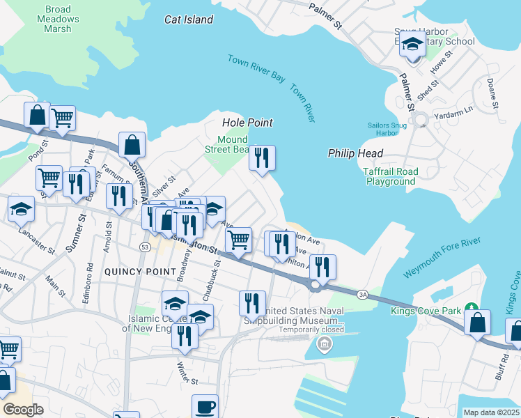map of restaurants, bars, coffee shops, grocery stores, and more near 105 Follett Street in Quincy