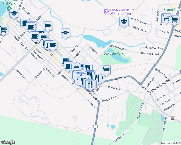 map of restaurants, bars, coffee shops, grocery stores, and more near 618 State St in Hudson