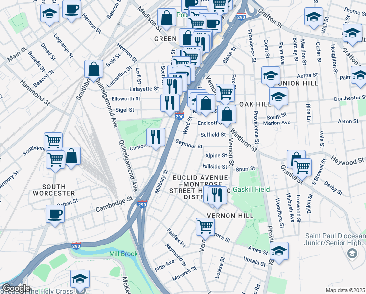 map of restaurants, bars, coffee shops, grocery stores, and more near 73 Ward Street in Worcester