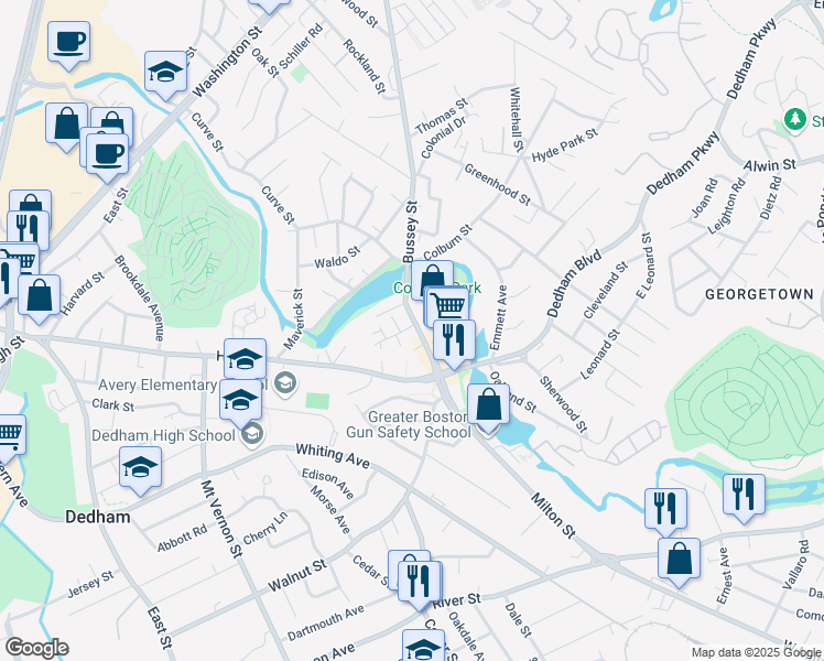 map of restaurants, bars, coffee shops, grocery stores, and more near 215 Bussey Street in Dedham
