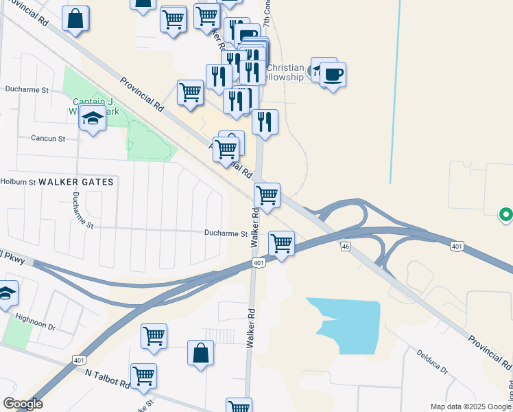 map of restaurants, bars, coffee shops, grocery stores, and more near 4755 Walker Road in Windsor