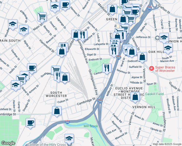map of restaurants, bars, coffee shops, grocery stores, and more near 54 Quinsigamond Avenue in Worcester