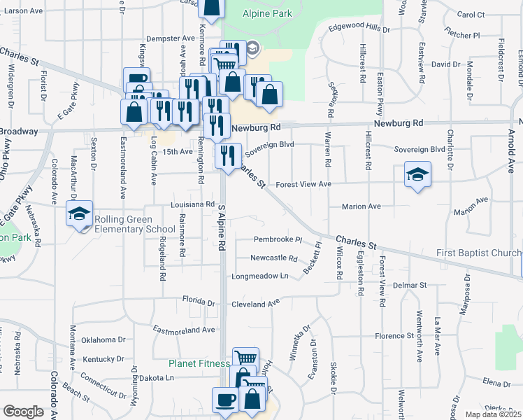 map of restaurants, bars, coffee shops, grocery stores, and more near 4550 Apple Orchard Lane in Rockford