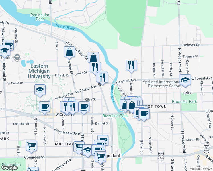 map of restaurants, bars, coffee shops, grocery stores, and more near 5 West Forest Avenue in Ypsilanti