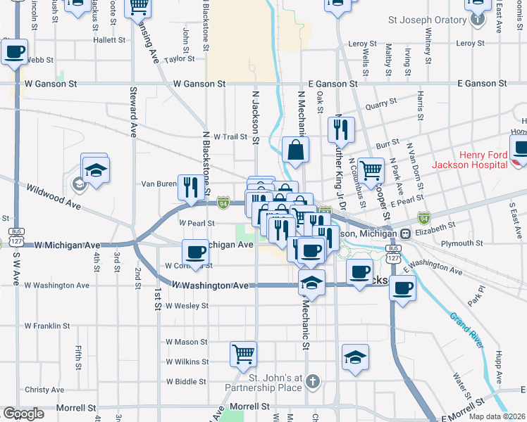 map of restaurants, bars, coffee shops, grocery stores, and more near 223 North Jackson Street in Jackson