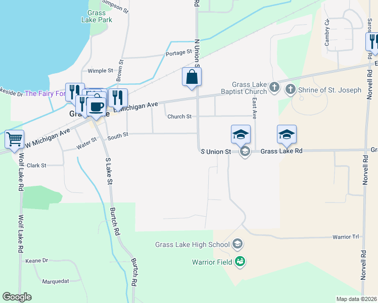 map of restaurants, bars, coffee shops, grocery stores, and more near 336 South Union Street in Grass Lake