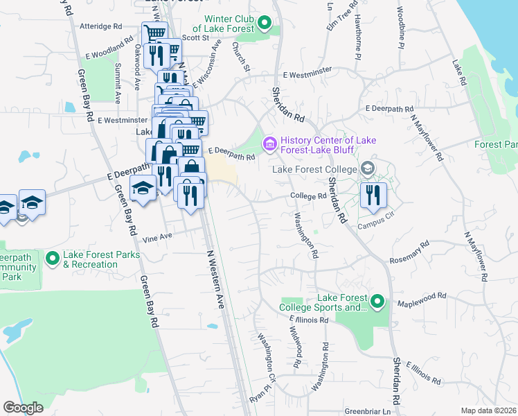 map of restaurants, bars, coffee shops, grocery stores, and more near 430 East Illinois Road in Lake Forest
