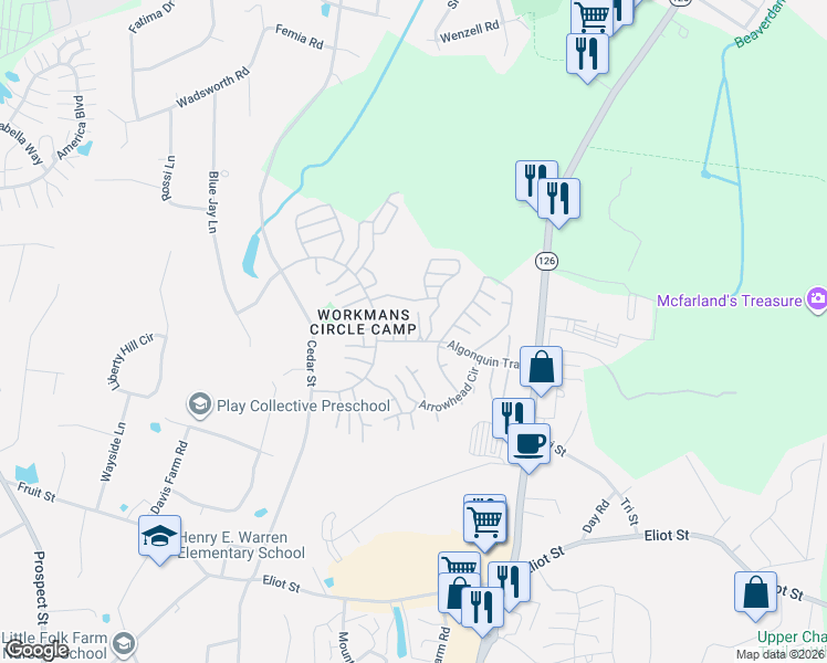 map of restaurants, bars, coffee shops, grocery stores, and more near 90 Algonquin Trail in Ashland