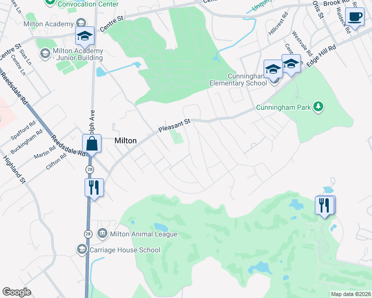 map of restaurants, bars, coffee shops, grocery stores, and more near 37 Dean Road in Milton