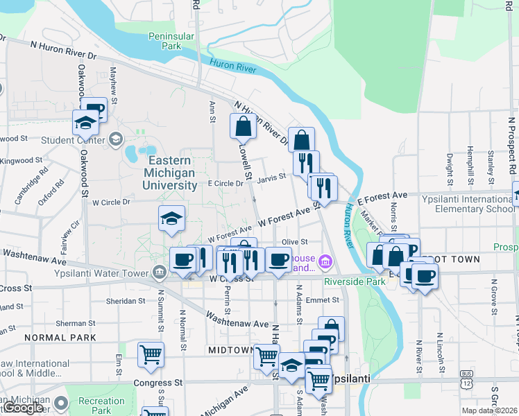 map of restaurants, bars, coffee shops, grocery stores, and more near 718 Lowell Street in Ypsilanti