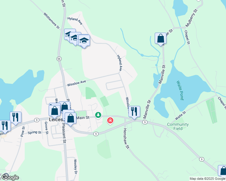 map of restaurants, bars, coffee shops, grocery stores, and more near 11 Deer Pond Drive in Leicester