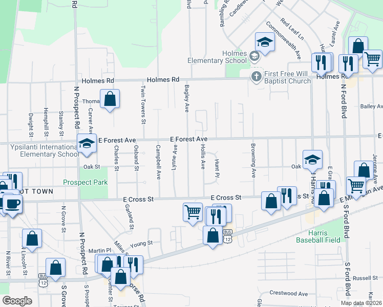 map of restaurants, bars, coffee shops, grocery stores, and more near 658 Bagley Avenue in Ypsilanti