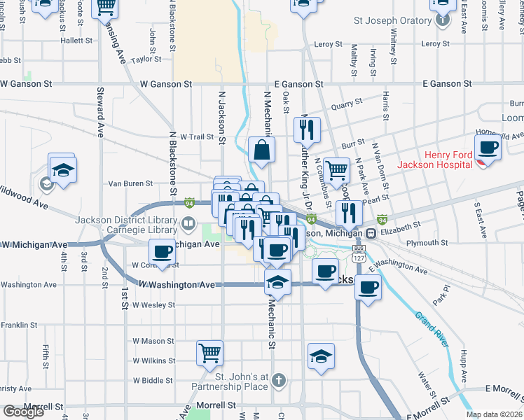 map of restaurants, bars, coffee shops, grocery stores, and more near 114 West Pearl Street in Jackson