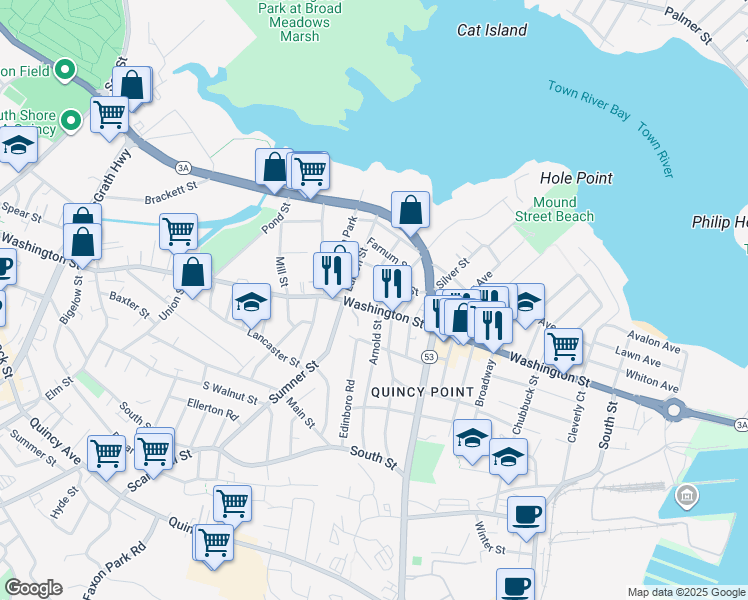 map of restaurants, bars, coffee shops, grocery stores, and more near 11 River Street in Quincy