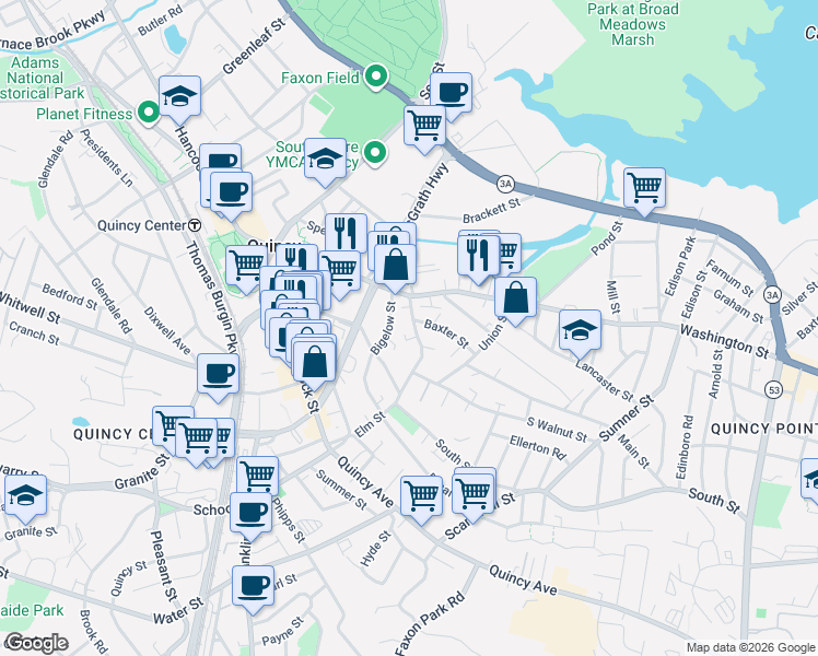 map of restaurants, bars, coffee shops, grocery stores, and more near 141 Elm Street in Quincy