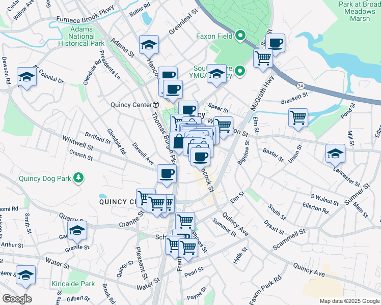 map of restaurants, bars, coffee shops, grocery stores, and more near 1441 Hancock Street in Quincy