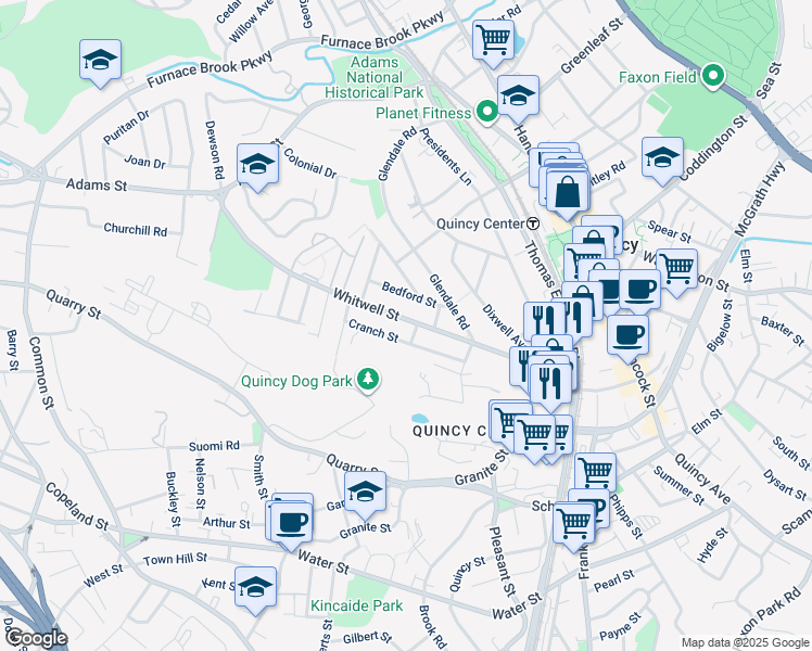 map of restaurants, bars, coffee shops, grocery stores, and more near 220 Whitwell Street in Quincy