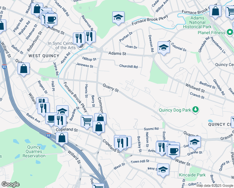 map of restaurants, bars, coffee shops, grocery stores, and more near 1 Dunns Hill Road in Quincy