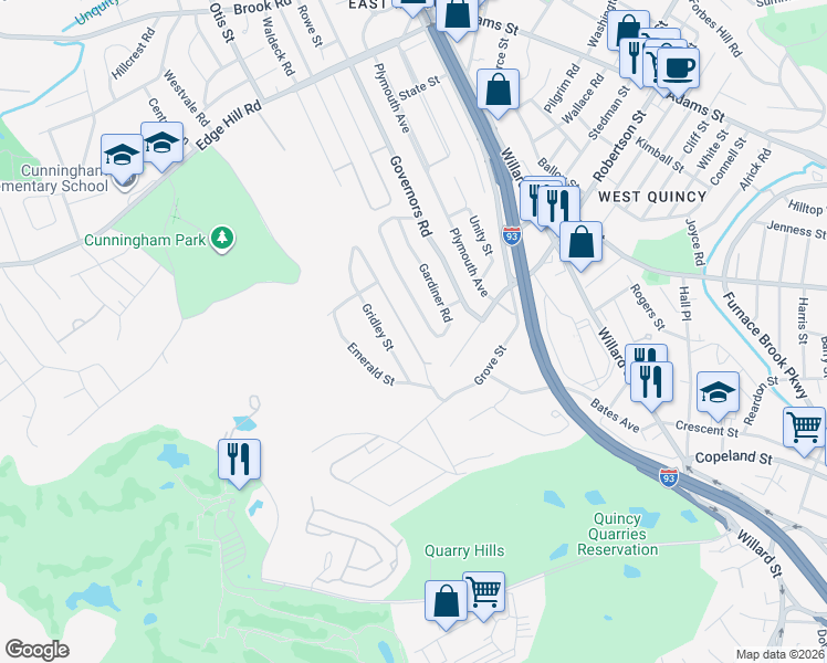 map of restaurants, bars, coffee shops, grocery stores, and more near 136 Gardiner Road in Quincy